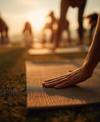Outdoor Morning Yoga Group on Grass at Sunrise
