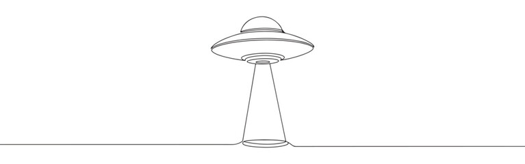 Continuous one line drawing of a UFO or flying saucer. Concept of aliens, science fiction and mystery
