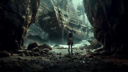 Apex Legends pirate ship in a cavernous environment with a lone female character standing by the waters edge. The ships wooden structure is partially submerged in the water.