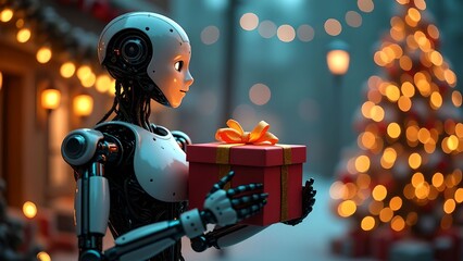 A robot holds a New Year's gift in a festive setting filled with Christmas decorations and lights.