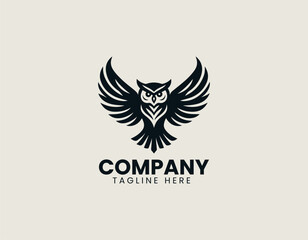 Fototapeta premium Majestic owl silhouette vector logo illustration with powerful, symmetrically spread wings and detailed feather texture. Wisdom and power concept