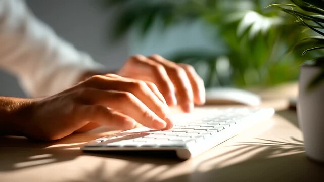 Faceless close crop of hands aligning a wireless keyboard and trackpad on a felt desk mat cable free setup soft window light plant shadow patterns defocused across background