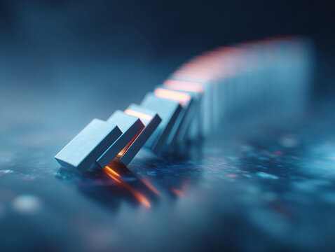 Elegant image featuring dominoes in motion, symbolizing cascading effects, chain reactions and consequences. Great for business, strategy, risk and problemsolving contexts.