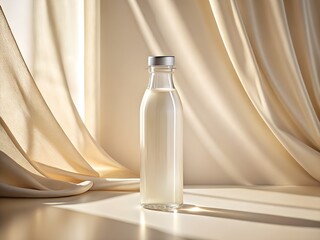 Minimalist Milk Bottle: An elegant clear glass bottle filled with fresh milk, presented against a backdrop of soft, flowing fabric and subtle natural light.