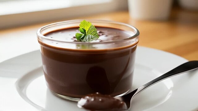 A luxurious, rich chocolate dessert, possibly a smooth pudding or mousse, is presented in a clear glass ramekin, elegantly garnished with vibrant fresh mint leaves. A silver spoon, holding a generous 