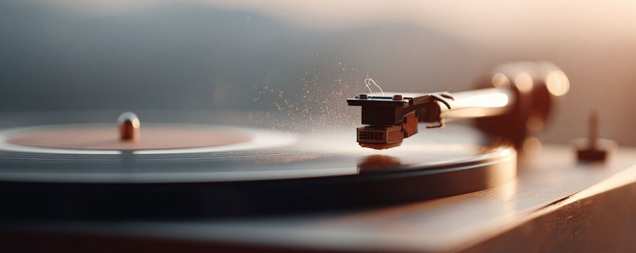 Closeup of a vintage record player stylus touching a vinyl record. A nostalgic, musical and timeless feeling. Perfect for music related content. - Powered by Adobe