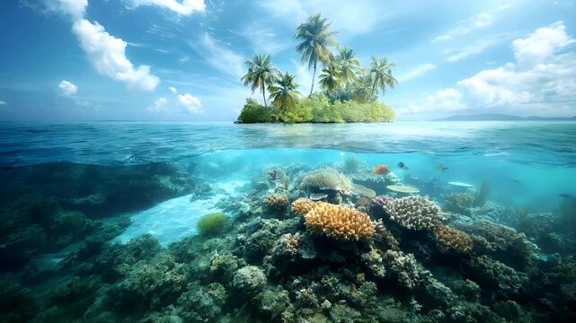 Aerial view of a tropical coral reef under the water, showcasing a vibrant underwater scene with a variety of marine life. The coral formations are diverse.