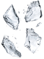 Four irregular ice cubes floating in water isolated on transparent background