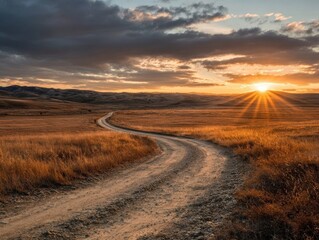 Winding Dirt Road Through Expansive Prairie Landscape at Golden Sunset, Scenic Rural Path Under Dramatic Cloudy Sky, Wide Open Countryside, Vibrant Evening Horizon