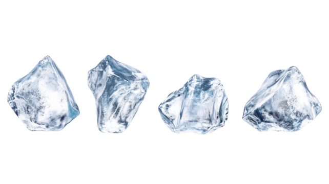 Four clear ice shards isolated on transparent background