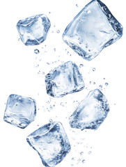 Obraz premium Several ice cubes falling with small water droplets isolated on transparent background