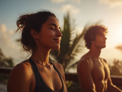 Young Couple Meditating Outdoors at Sunrise for Wellness