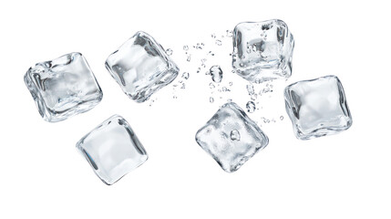 Several clear ice cubes falling with water splashes isolated on transparent background