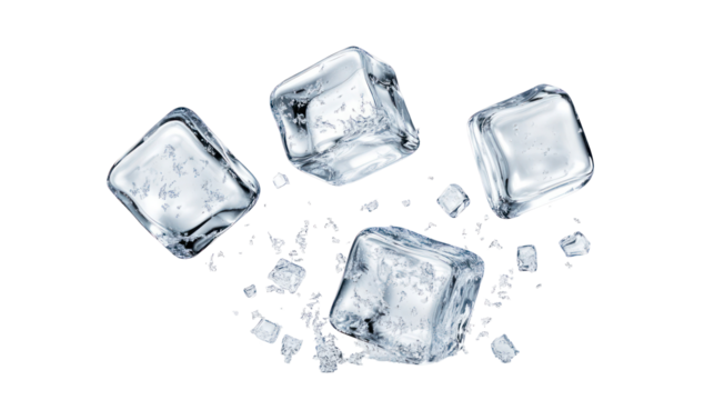 Four clear ice cubes and ice shards isolated on transparent background