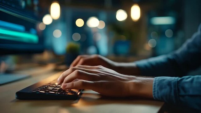 Faceless over shoulder of hands dragging a timeline clip in a video editor interface abstracted and brandless studio lamp cones defocused composition with upper margin free