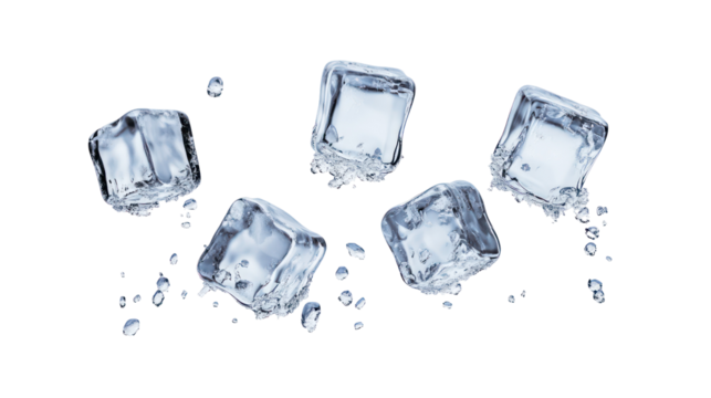 Five ice cubes with water droplets isolated on transparent background