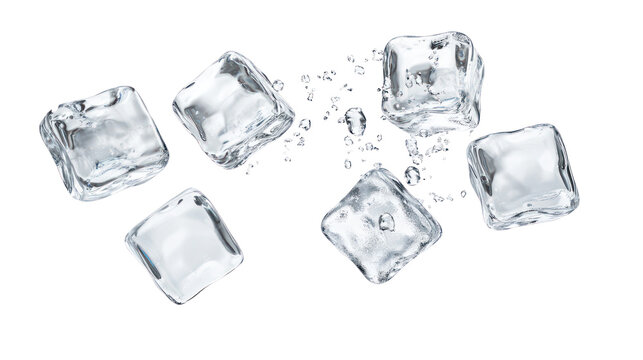 Several clear ice cubes falling with water splashes isolated on transparent background