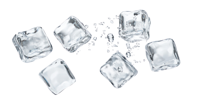 Several clear ice cubes falling with water splashes isolated on transparent background