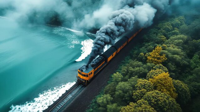 A train in a coal mine is carrying cargo and releasing a large amount of smoke and emissions.