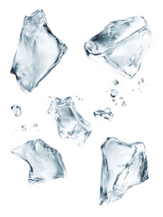 Fototapeta premium Five irregular ice cubes scattered on a black surface isolated on transparent background