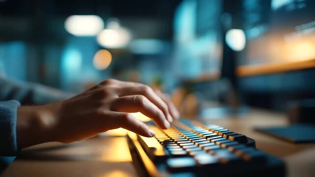 Faceless closeup of typing on a mechanical keyboard shallow DOF on keycaps background monitor glow defocused cool tech ambiance left margin clear faceless keyboard closeup
