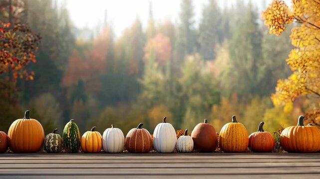 A colorful arrangement of pumpkins and gourds showcases the beauty of fall, set against a peaceful forest filled with autumn hues