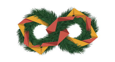 An abstract festive design featuring intertwined green fir branches and vibrant red and yellow geometric shapes forming a decorative symbol.