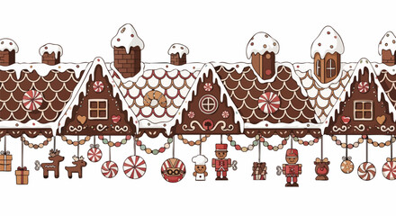 A festive seamless border with gingerbread houses, adorned with white icing and Christmas ornaments, ideal for seasonal designs.