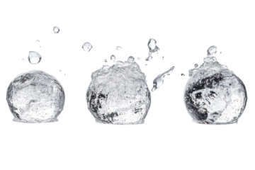 Five different sized snowballs falling in the air overhead on transparent background
