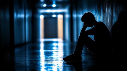 A lonely person sits in a dark corridor, head bowed on their hands, conveying emotional tension and loneliness for social campaigns about psychological support as an emotional backdrop.