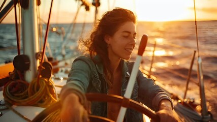 A woman is seated on a sailboat during sunset, with the sun casting a golden hue over the water. The boats deck is equipped with ropes and a steering wheel.