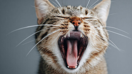 Close-up of a yawning cat, capturing a moment of pure feline expression