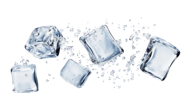 Several ice cubes with water splashes isolated on transparent background