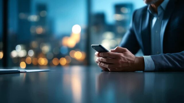 Faceless torso shot of a CEO in a tailored suit holding a smartphone above a glossy table only hands and cufflinks visible subtle reflection of device on surface city skyline