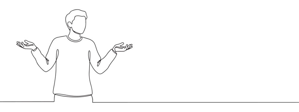 Continuous one line drawing of a person shrugging with open hands. Concept of confusion, uncertainty and lack of knowledge