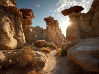 Desert rock formations unique hoodoos sandstone structures erosion outdoor natural landscape bright sun rays clouds