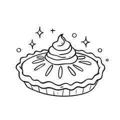 Whole pumpkin pie with whipped cream in black line art style and festive sparkles