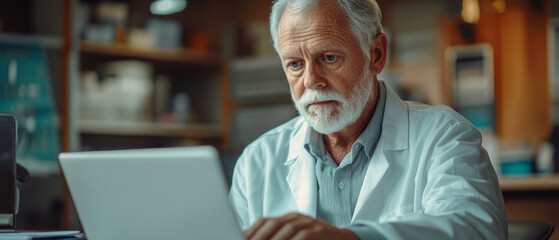 A serious elderly scientist in a lab coat is intently studying data on a laptop, emphasising the importance of scientific research and technological progress,  