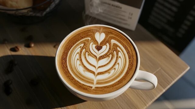 A pristine white ceramic cup holds a meticulously crafted latte, showcasing an exquisite heart-shaped design intricately woven into the creamy foam. Delicate patterns extend outward from the central h