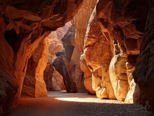 Expansive Slot Canyon Passage with Sunlight Illumination and Layered Sandstone Walls
