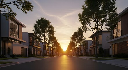 Modern city street with sunrise light reflecting on contemporary buildings and green urban landscape