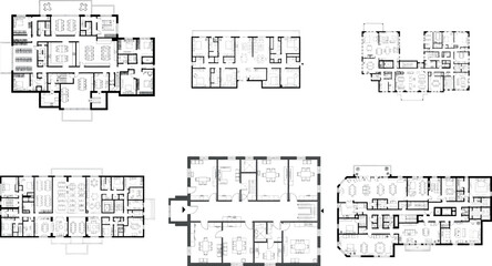 Collection of six different floor plans and architectural blueprints
