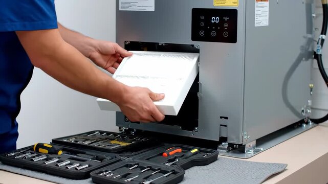 Technician Replacing Air Filter in Industrial Machine with Precision Tools on Workbench in Brightly Lit Workshop Environment: replacement, bright lighting, blue uniform, hands, installation