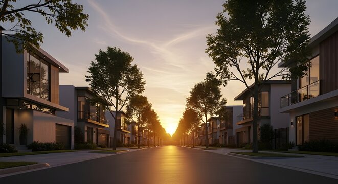 Modern city street with sunrise light reflecting on contemporary buildings and green urban landscape
