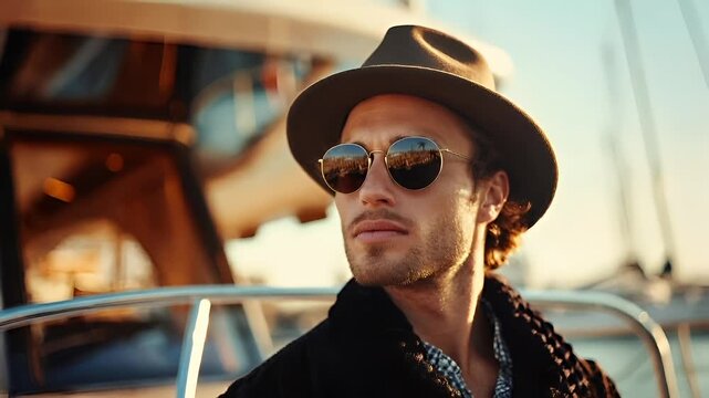A closeup portrait of a man wearing a fedora hat and round sunglasses, set against a backdrop of a marina during sunset. The mans face is illuminated by the warm.