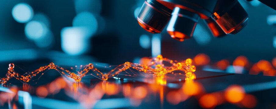 A close-up view of a microscope with illuminated samples, showcasing scientific research and innovation in a high-tech laboratory.