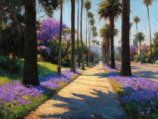 Textured Oil Painting Palm Trees Street Purple Flowers Sidewalk California Urban Landscape Daytime View