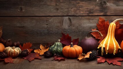 Autumn Harvest Pumpkins Gourds and Leaves on Rustic Wood Background.