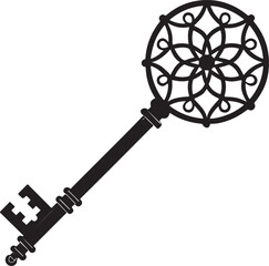 Obraz premium Ornate Black Vintage Skeleton Key with Decorative Circular Bow Keywords: key, skeleton key, vintage, antique, ornate, decorative, circular, bow, metal, object, design, illustration, graphic