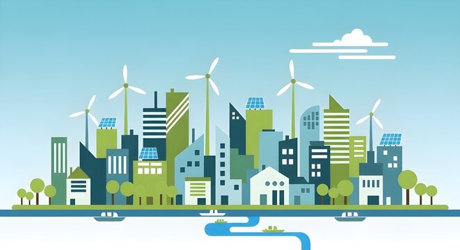 Smart eco city animation with renewable energy sources and modern green infrastructure